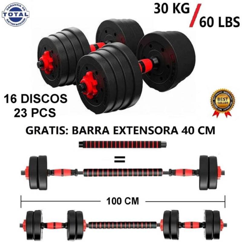 Kit Barra + Mancuernas + 40 Kgs De Discos Pesas Fitness Gym