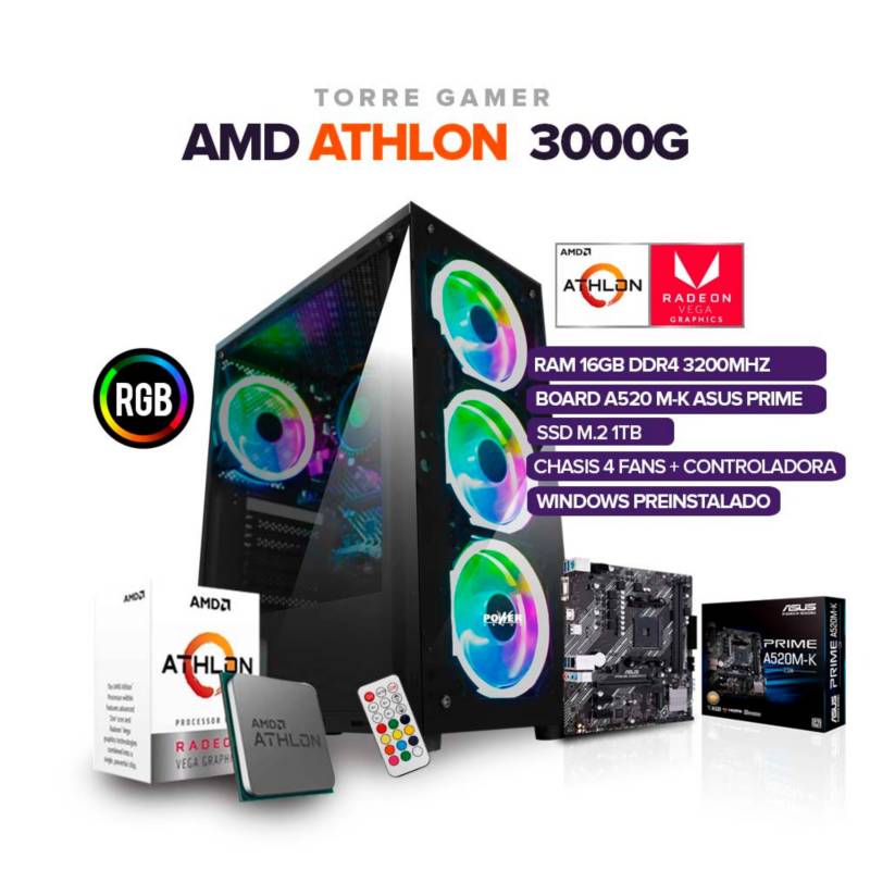 TORRE GAMER AMD ATHLON 3000G 16GB RAM SSD 1 TB BOARD A520M