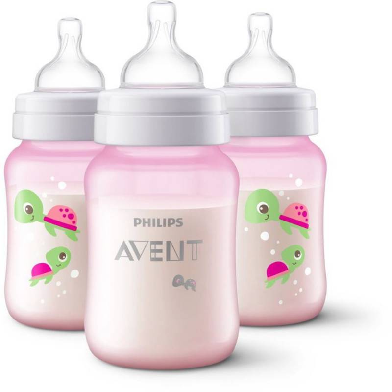 Set Avent Philips biberón 9 oz + tetina anticólicos flujo medio 3 m rosa