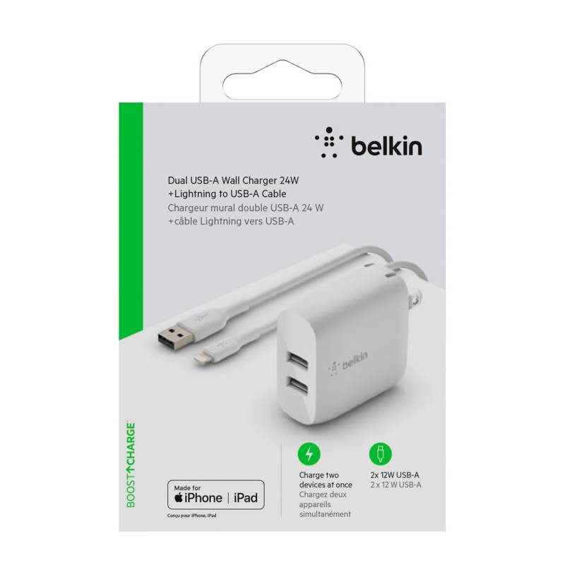 BELKIN - Cargador Pared Belkin 24W con doble puerto + USB a Lightning. Compatible iPhone / iPad