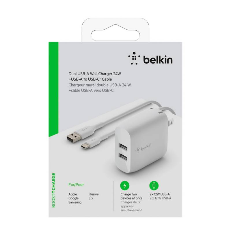 BELKIN - Cargador Doble 24w + Cable USB a USBC 1 m