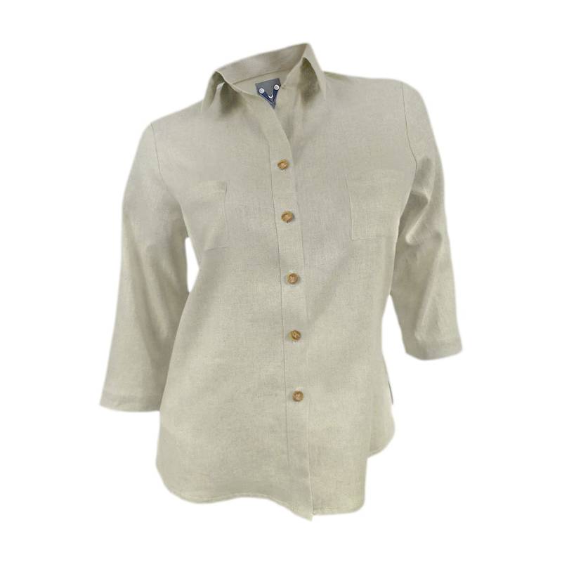 Camisa blusa lino beige con bolsillos manga tres cuartos mujer SON