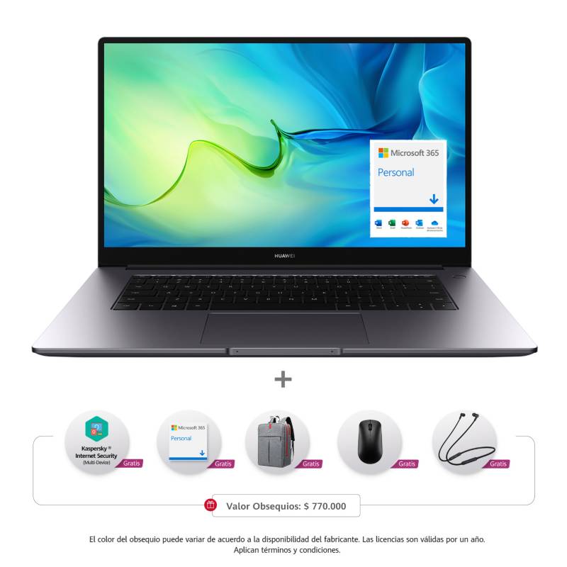 HUAWEI - Portátil Huawei Matebook D15 + Office 365 + Morral + Mouse + Freelace 15.6 Pulgadas Intel Core i5 16GB 512GB