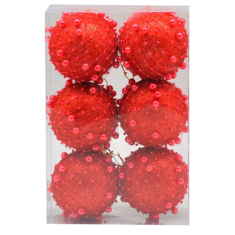PINCASO - Caja de Bolas Escarchada Pepitas 8 cm Set x 6 Rojo