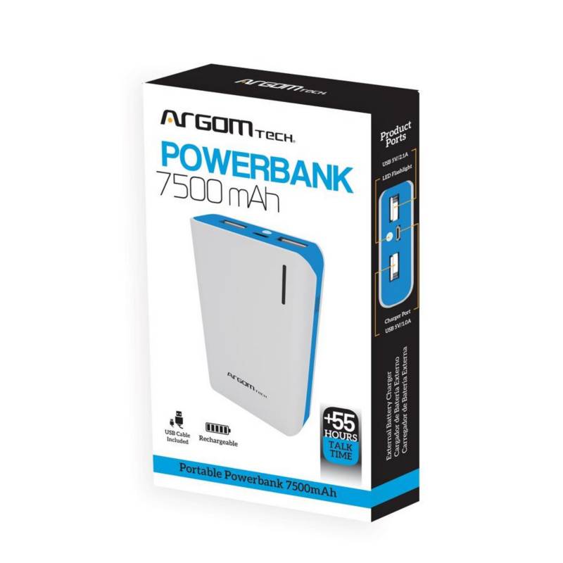 Argomtech - Cargador externo powerbank 2 pts. USB 7500mah azul