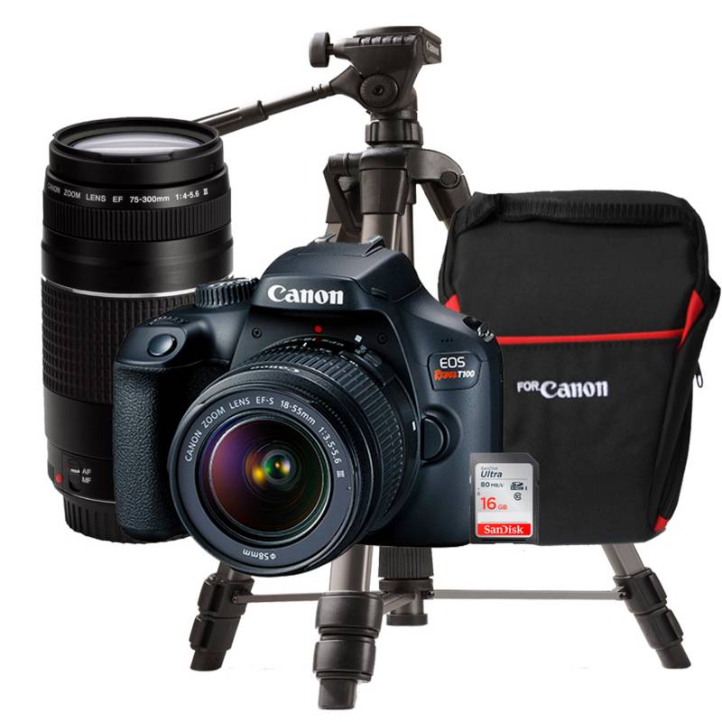 Canon - Cámara Profesional Canon EOS Rebel T100 + Lente 18 55 DC III + Lente 75 300 18 MP