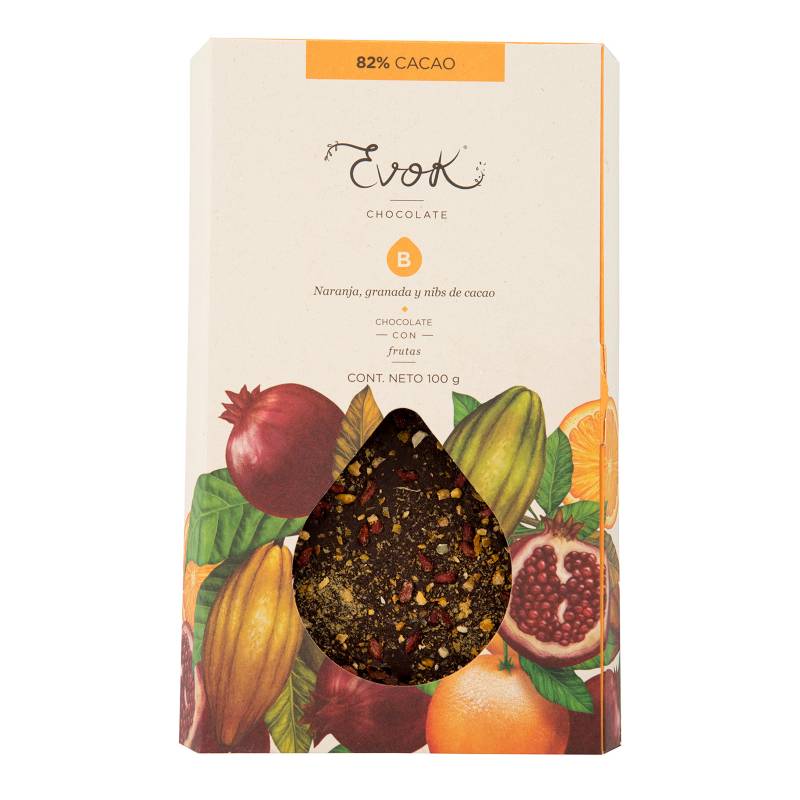  - Barra de chocolate 82% Cacao Nibs - Naranja - Granada 100g
