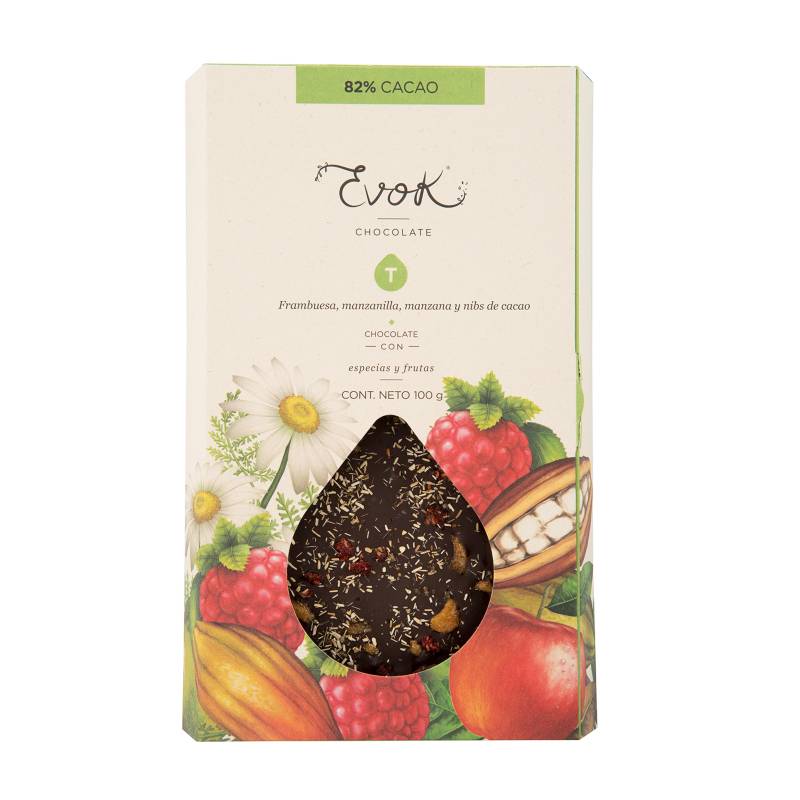 Evok - Barra de chocolate 82% Cacao Nibs - Frambuesa - Manzanilla - Manzana 100g