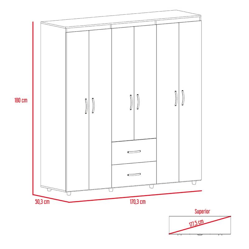 Clóset Armario 6 Puertas 2 Cajones Coñac Bariloche 180 X 170 X 50 Cm RTA -  Mueble RTA MUEBLES