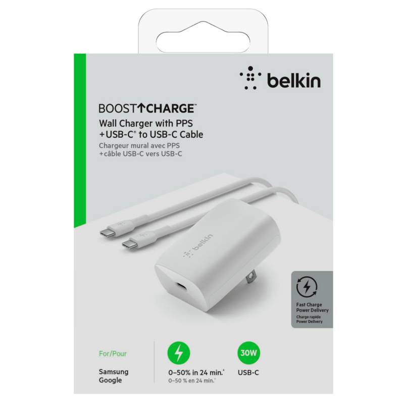 Cargador USBC 30W+ Cable USBC-USBC 1m Belkin, cargador y cable tipo C con  carga rápida. Compatible Samsung y dispositivos Android BELKIN