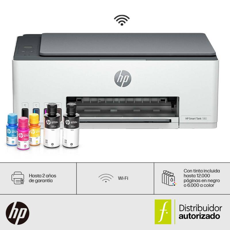 Impresora Multifuncional HP Smart Tank 580 Conexión por WIFI y Bluetooth a  Color con Carga Continúa Compatibilidad Universal escaner y copiadora HP