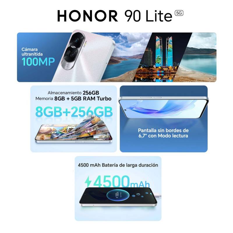 Celular Honor 90 Lite 5G 256GB 8GB RAM, cámara frontal 16MP, cámara  posterior 100MP, pantalla 6,7 + Celular Honor X6S HONOR