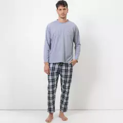 BENETTON - Conjunto de pijama con pantalón para Hombre Larga Manga larga de Cuadros de Algodón Benetton
