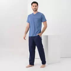 NEWBOAT - Conjunto de pijama con pantalón Largo Manga corta con Estampado para Hombre de Algodón Newboat