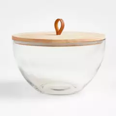 CRATE & BARREL - Bowl Vidrio con Tapa de Madera Tomos 27 x 18 cm