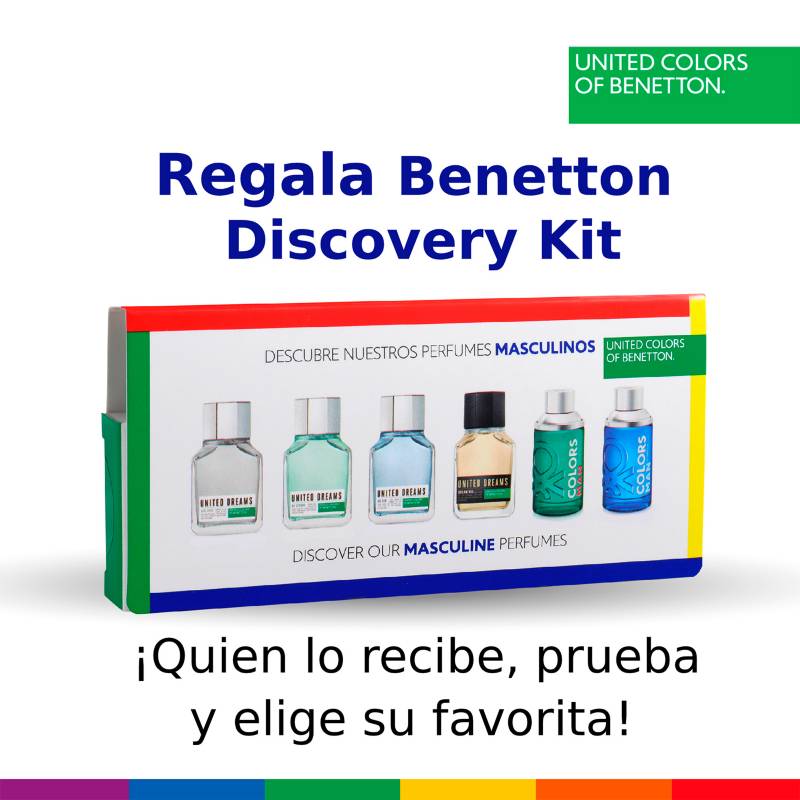 BENETTON - Discovery Kit Hombre 6 muestras 1,5 ml c/u + Bono valido por $99.990 para tu perfume favorito