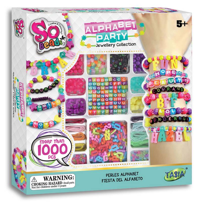 SO BEADS - Kit de Joyería Fiesta del Alfabeto, incluye (pulseras y mostacillas), a partir de 3 años
