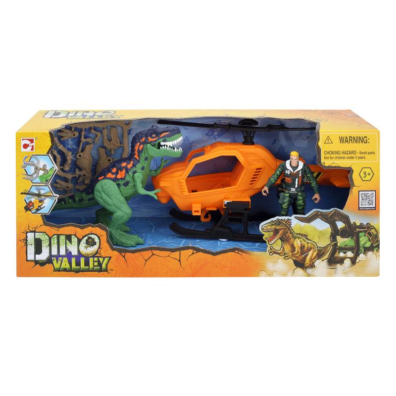 DINO VALLEY - Figura de acción Dino Valley, Incluye (Dinosaurio + Helicoptero + Muñeco+ Fossil) apartir de los 3 años