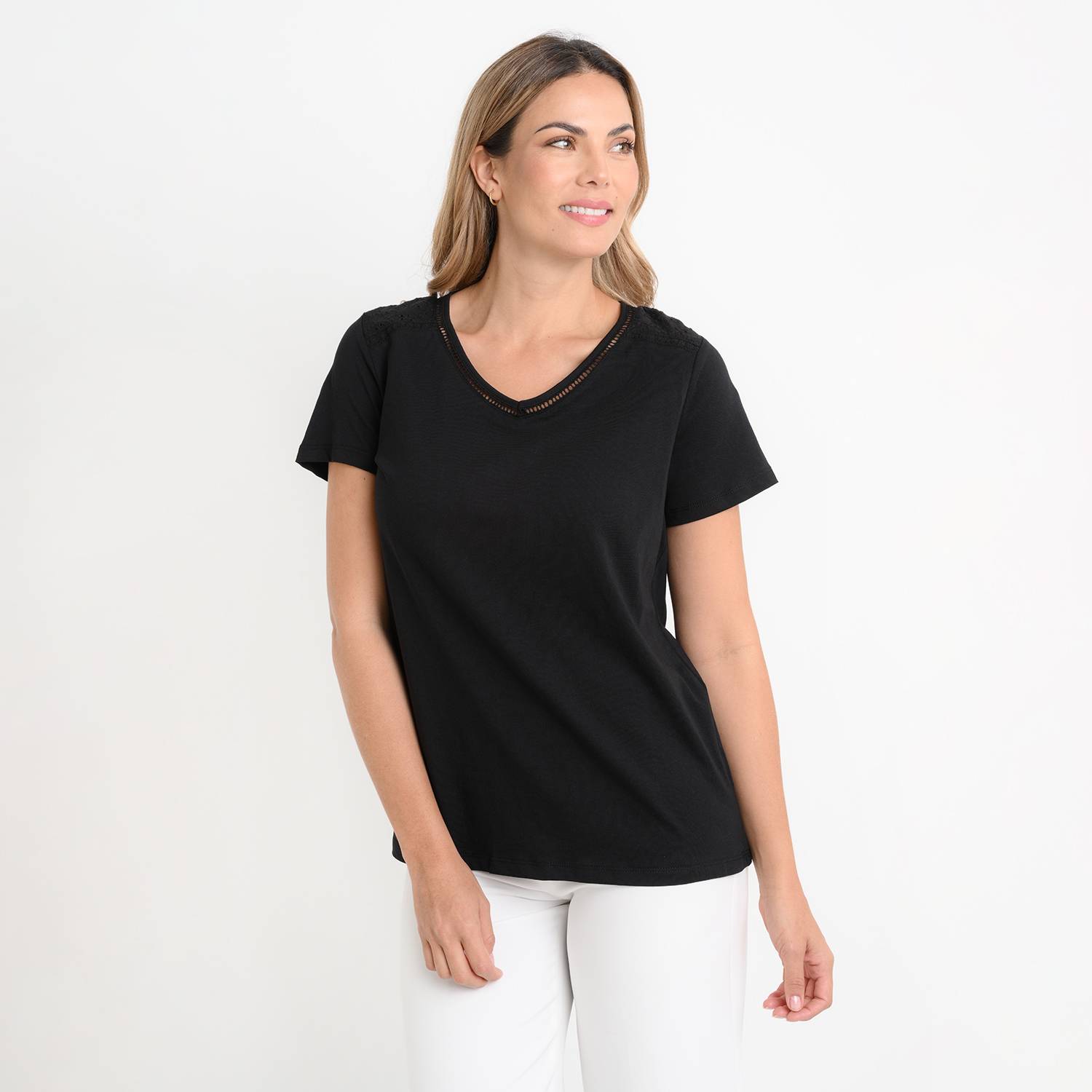 Camiseta negra para mujer, camiseta negra para mujer, camiseta café con  cuello en V para mujer, Negro 