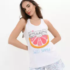 SYBILLA - Camiseta de Pijama para Mujer Corta Sin mangas de Algodón Sybilla