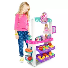 BARBIE - Barbie Supermercado de juguete altura 86 CM , incluye ( Alimentos + Estantes + Lector codigo de barras + Tablero Magnetico), apartir de los 2 años Necesita Pilas