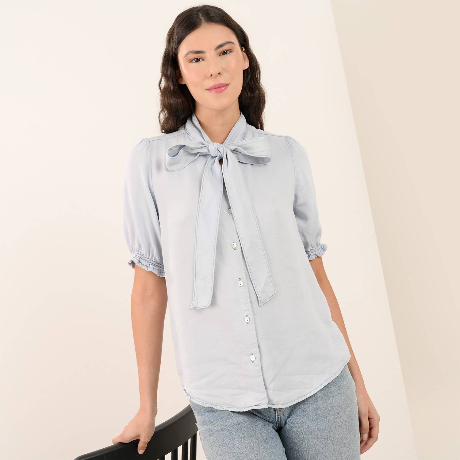 Blusa Anudada para Mujer Cuello redondo Manga corta globo