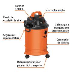 TRUPER - Aspiradora Sopladora 2.200 W De 15 L Para Sólidos Y Líquidos Truper