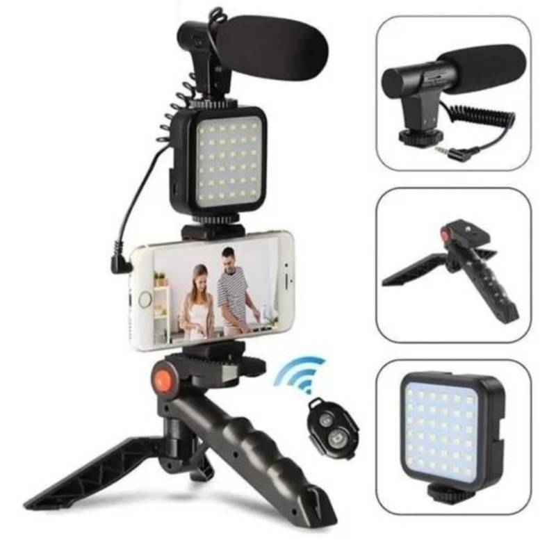 Kit Streaming tripode + microfono + luz led + soporte p/camara/smartphone