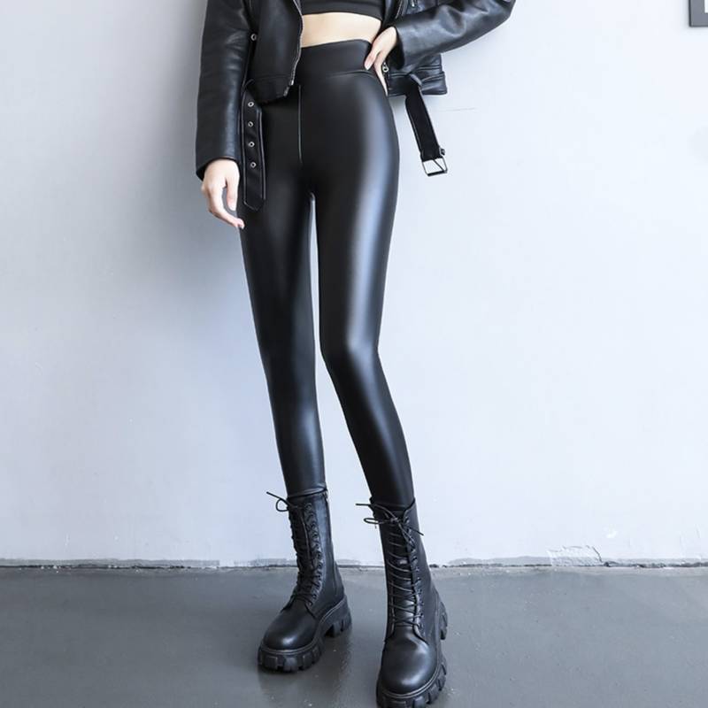 Pantalones de cuero negro para mujer - Leggings de cuero sintético