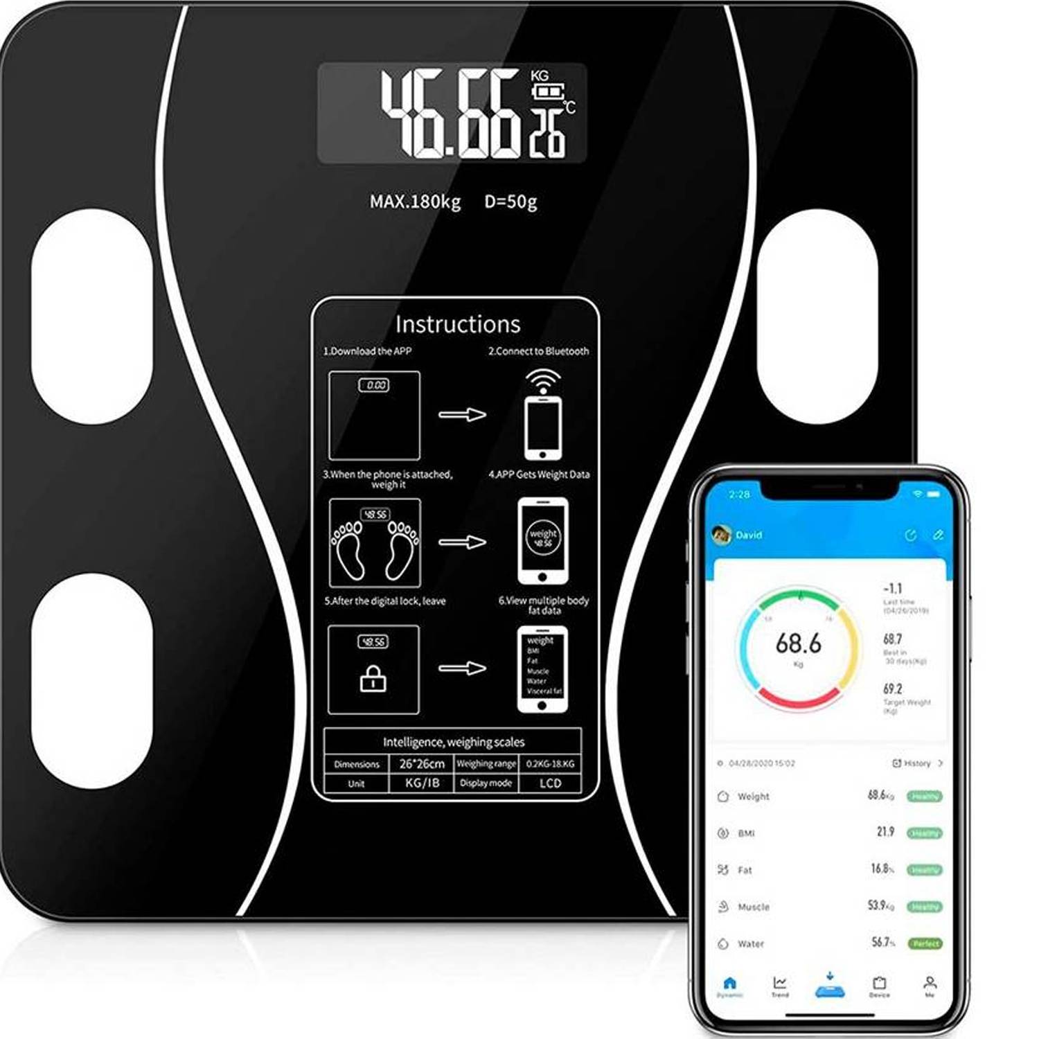 GENERICO Bascula Peso Baño Balanza Digital Inteligente 180kg App