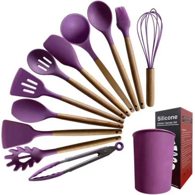 Set cucharones utensilios cocina de silicona 12 piezas morado