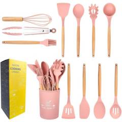 MAH HOGAR - Set cucharones utensilios cocina de silicona 12 piezas rosado