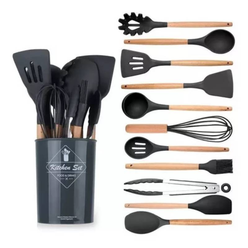 Set 12 Utensilios De Cocina Silicona Negro Simplit— Melollevo