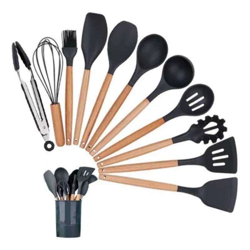 Set 12 Utensilios De Cocina Silicona Negro Simplit— Melollevo