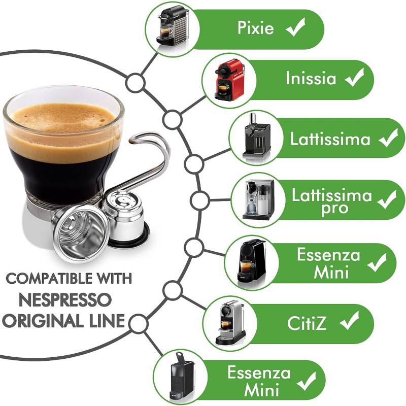 Cápsulas de café recargables de acero inoxidable compatibles con cápsulas  Nespresso OriginalLine reutilizables Nespresso con tapa reutilizable