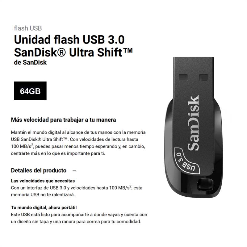 Memoria USB 128 GB  SanDisk Ultra, USB 3.0, Lectura 130MB/s, Compatible  USB 2.0, Software SecureAccess, Negro