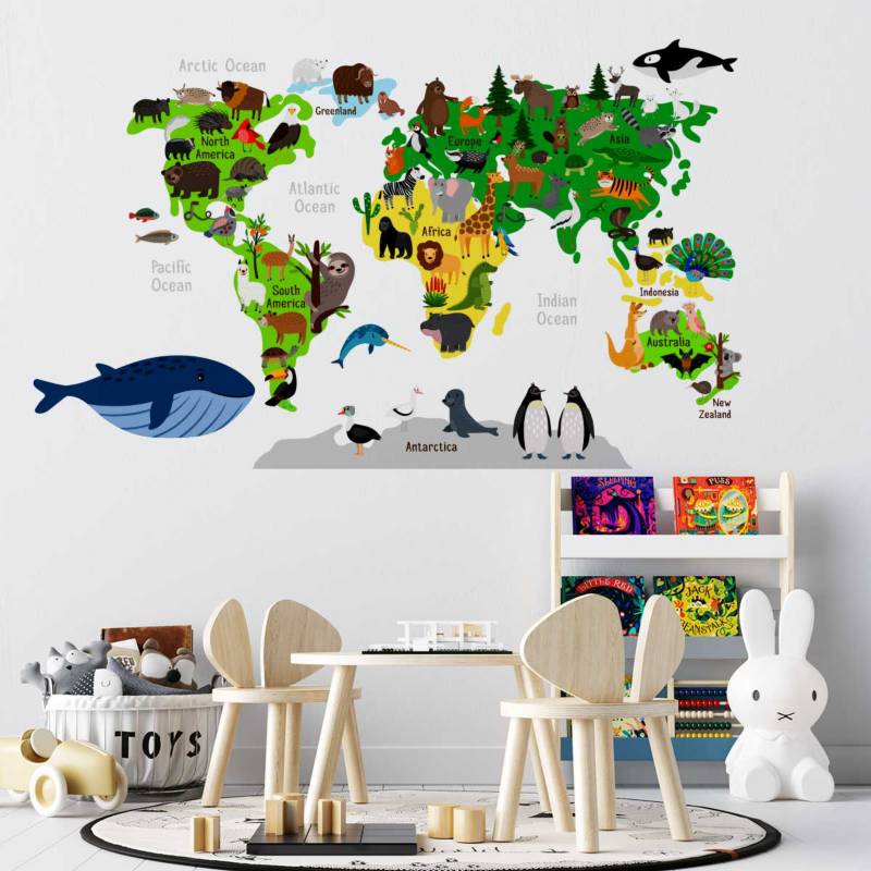 Vinilo decorativo de mapamundi infantil con animales