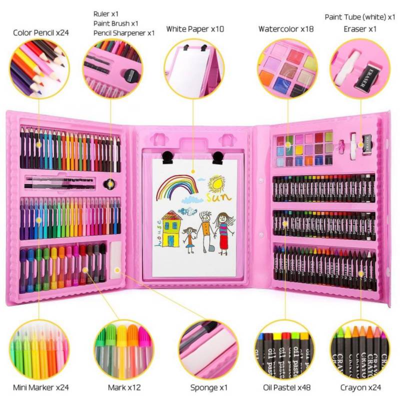 Kit De Colores 208 Piezas Juego Arte Y Dibujo Creativo Rosa