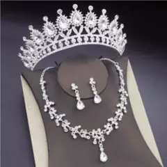 GENERICO - Set Corona Tiara Collar Y Aretes Cristal Mujer Quinceañeras.