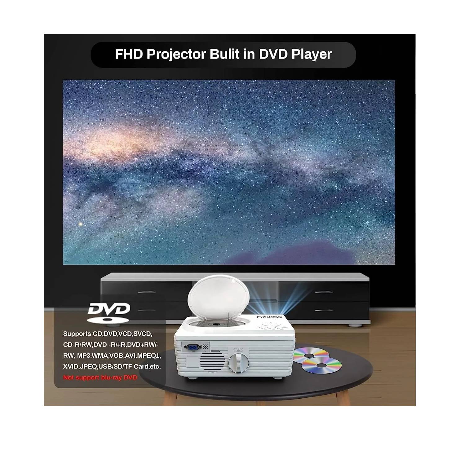 Proyector de video para niños portátil, con HDMI, USB, micro SD. Resolución  compatible HD1080P.
