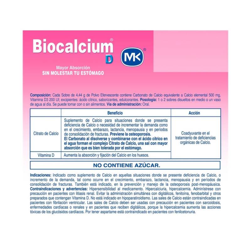 Biocalcium D Calcio Carbonato + Vitamina D3 500 mg MK Caja x 30 Sobres