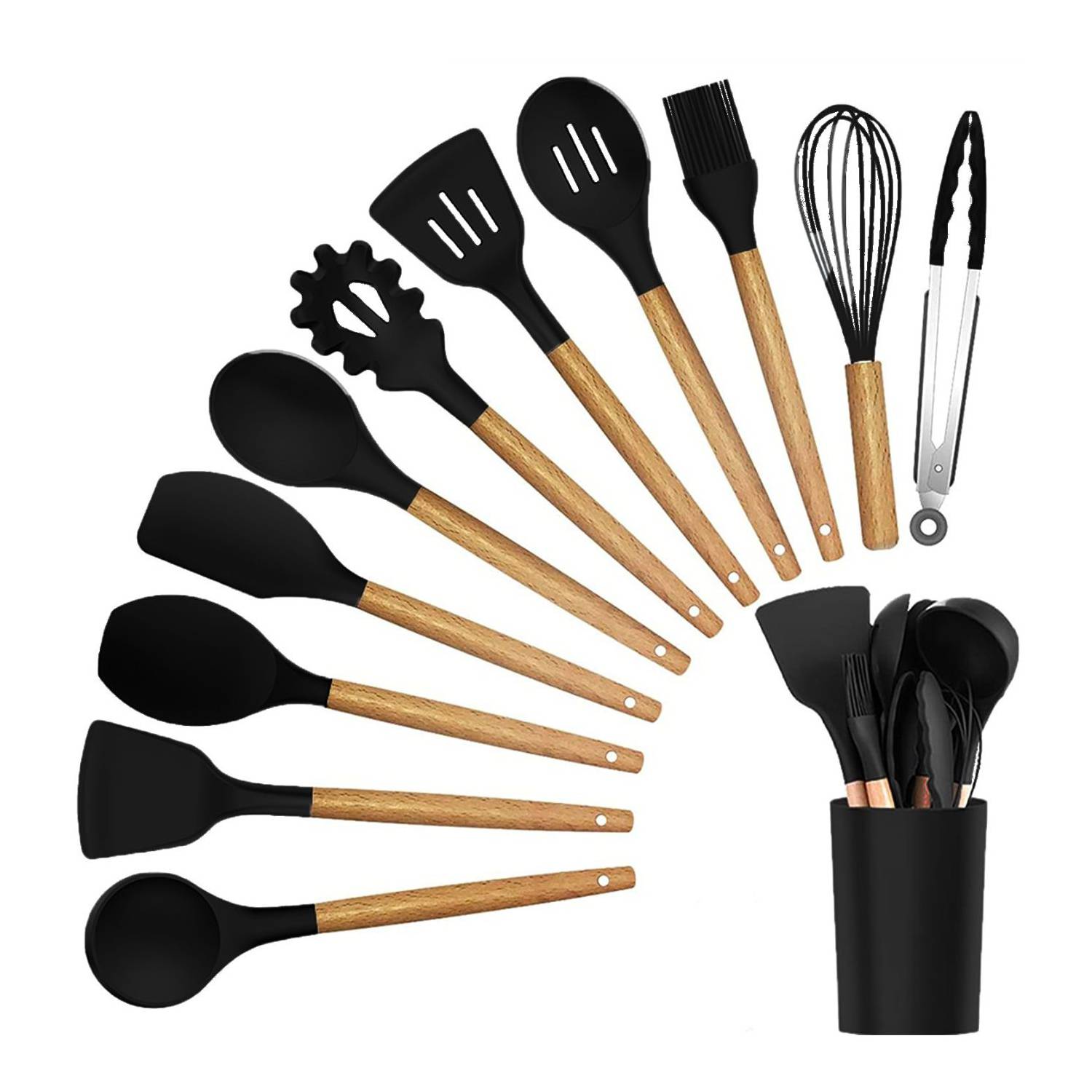 Set de utensilios para cocina en silicona con mango de madera 12 piezas -  Canela Hogar