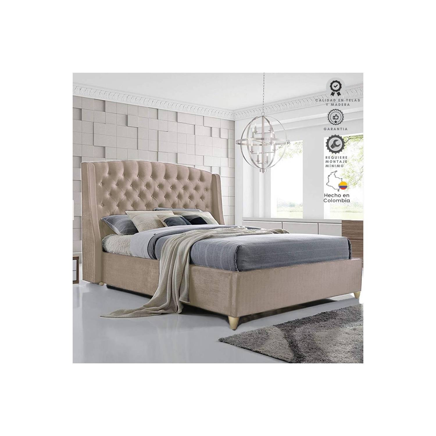 COMBO ITALIA KING GRIS PERLA ESPALDAR + BASE CAMA + COLCHON