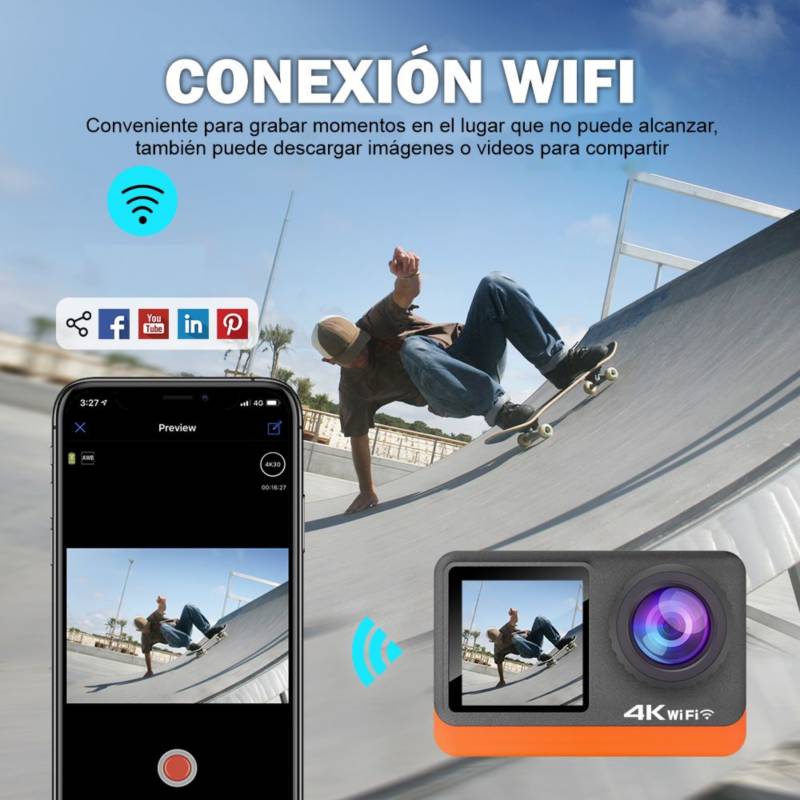 Camara Deportiva 4K Con Control Wi Fi Sumergible 30 Mt Azul