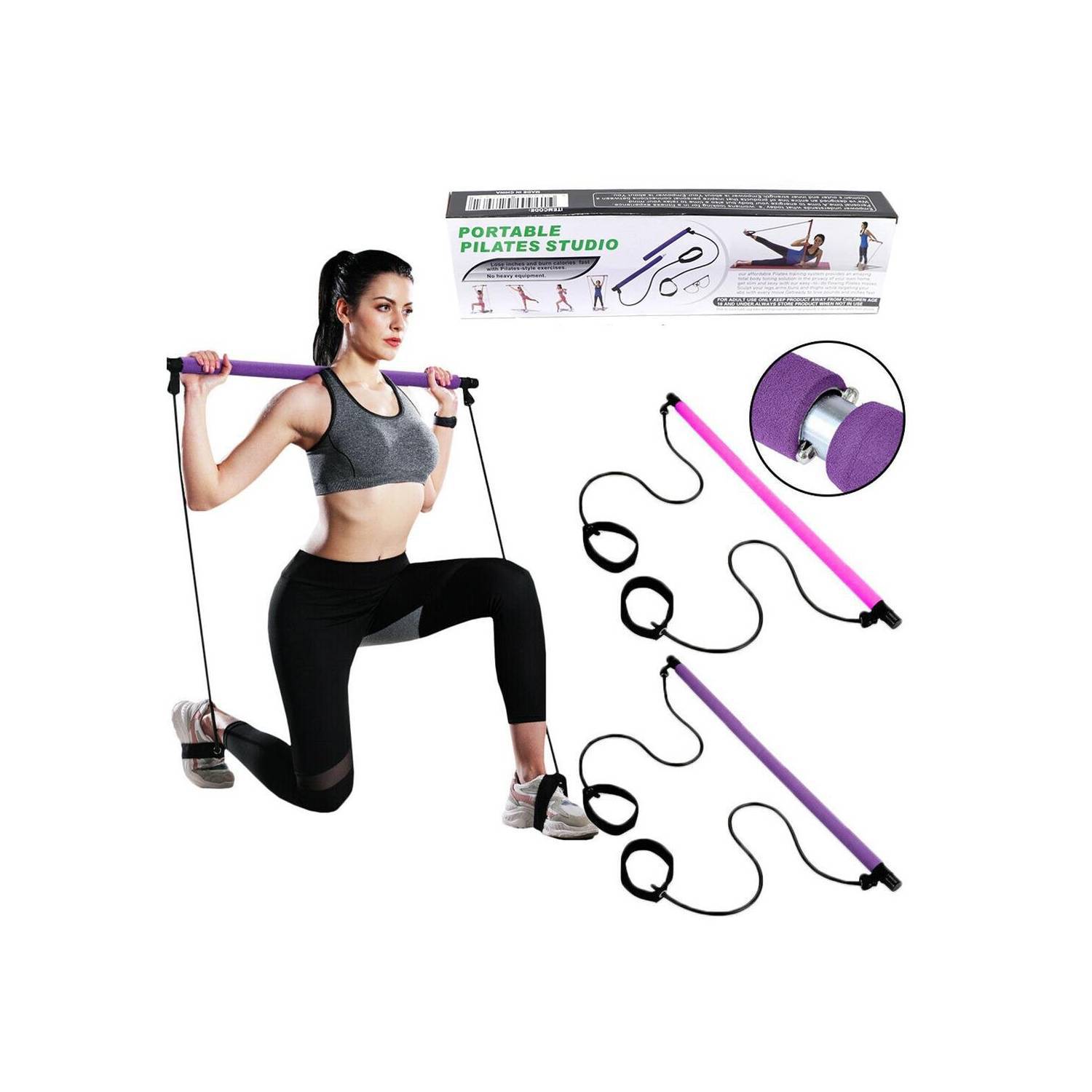 Kit de ejercicios de barra de pilates portátil, apilable, 3 pares de bandas  de resistencia (15, 20, 30 libras), equipo de gimnasio en casa para