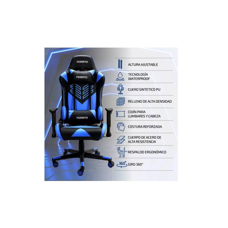 Silla Gamer Ergonomica Giratoria Femmto Ge002-azul Para Escritorio Pc Gaming  Reclinable 180° Peso Maximo 150 Kg