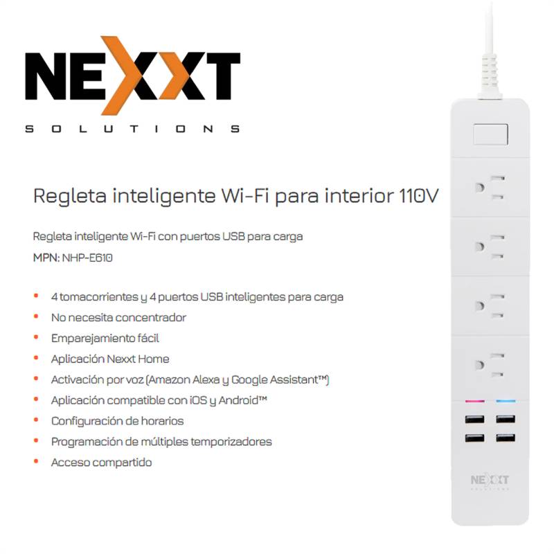 Regleta Inteligente Wifi Nexxt, Google Alexa / 4 Tomas 4 Usb NEXXT