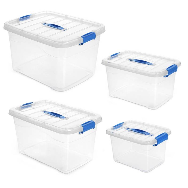 Kit 4 cajas organizadoras plásticas transparentes con tapa Azul ENERGY PLUS