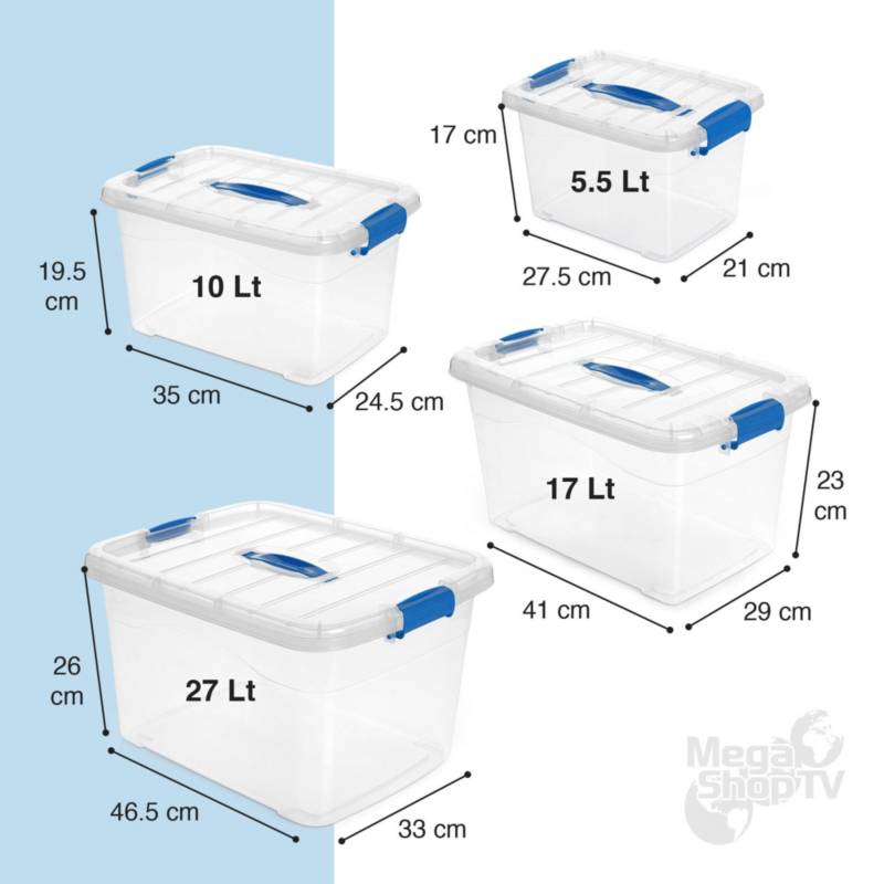 4 Cajas organizadoras plásticas transparentes con tapa 10 Litros