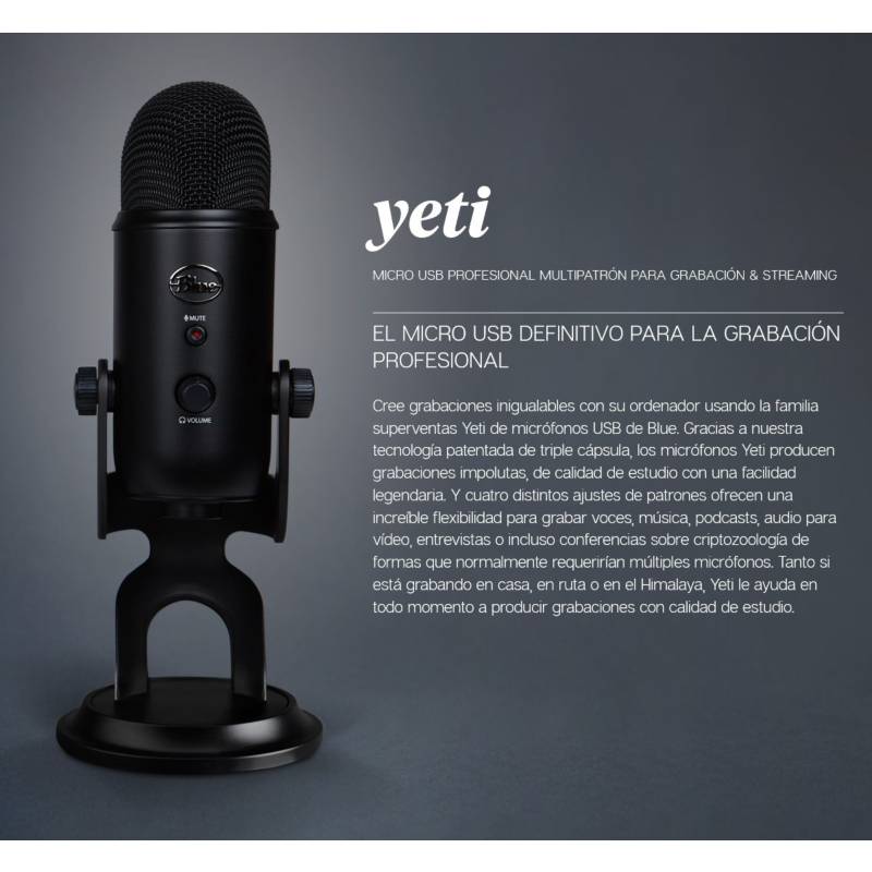 Blue Microphones Yeti Micrófono USB Negro para Grabación y Transmisión en PC